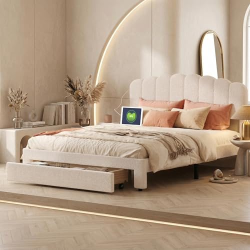 Polsterbett Doppelbett 140x200 mit Stauraum-Schubladen und Steckdosenleiste | Bett mit Lattenrost,Verstellbares Kopfteil,Modernes Bettgestell Funktionales Stauraumbett,Beige ohne Matratze