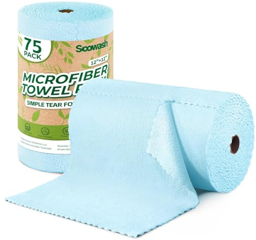 SOOWASH Mikrofasertücher Rolle, 75 Stück Mikrofaser Reinigungstücher, Abreißbare Lappen Putztücher für Auto, Küche und Haus 30x30cm(Blau)