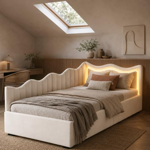 Kinderbett Polsterbett 90x200, Kinderbett Mädchen Einzelbett mit Led Polsterbett mit Stauraum Jugendbetten mit Höhenverstellbarem Led Kopfteil und Lattenrost,Samt,ohne Matratze (Beige-A, 90x200cm)