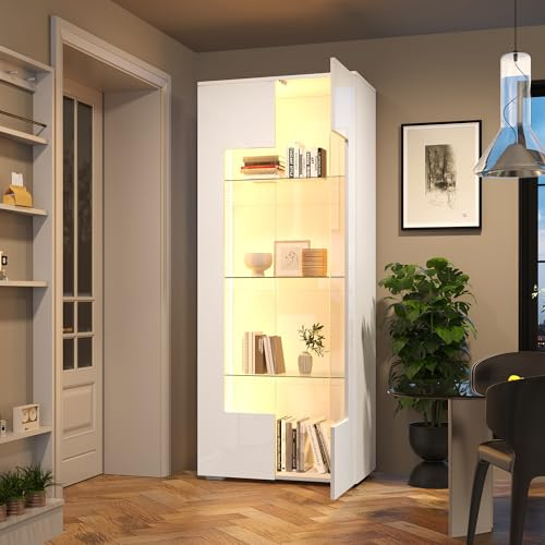 Juabett 70*40*173cm Vitrine mit LED-Lichtleiste, Weiß Vitrineschrank mit 2 Acryl Türen, Kippschutz Sammlervitrine mit ragender Schrank aus gehärtetem Glas, Standvitrine für Wohnzimmer & Arbeitszimmer