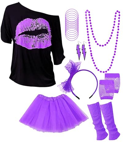 Faschingskostüme 80er Jahre Outfit Damen, Neon Party Outfit, Inklusive T-Shirt, Stirnband, BeinwäRmer, Armband, Haarband, Halskette, Armband, Brille Und Ohrringe FüR Die Karnevals-Neon-Party