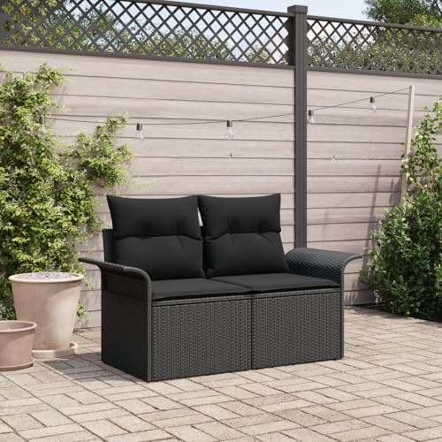 IBUQDDV Gartensofa 2-Sitzer mit Stauraum und Kissen Schwarz Poly Rattan für Balkon und Terrasse, Outdoor Polyrattan Lounge Sitzgruppe mit abnehmbaren Bezügen