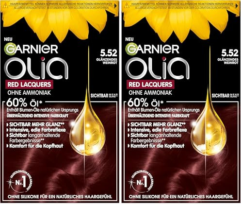 Garnier Olia Red Lacquers Dauerhafte Haarfarbe in 5.52 Glänzendes Weinrot, Öl-basierte Formel für langanhaltendes Rot, 60g, 60g, 54ml (Packung mit 2)