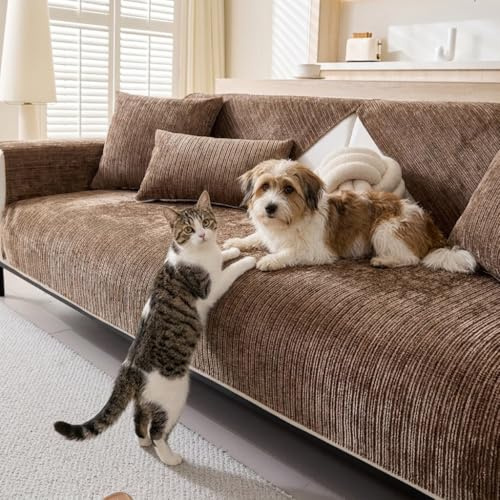 XRDSHY Sofabezug Anti Rutsch Sofa Überzug aus Chenille, Sofaschoner rutschfest Couch Überzug für Hunde & Katzen auf Ecksofa L & U Form, Waschbarer Sitzkissenbezug Kratzfest (Braun 1, 110x240cm)