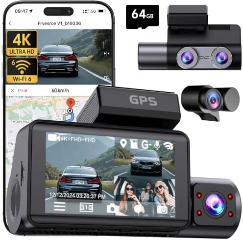 Frvesroe 3 Kanal Dashcam Auto 4K UHD, GPS WiFi 6, 24H Parküberwachung, 64GB | 3-Wege Aufnahme vorne/innen/hinten, HDR Nachtsicht, G-Sensor, Loop-Aufnahme, ideal für Alltag und Berufsfahrer