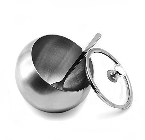 Zuckerdose, Gewürz Dose, YOCZOX Edelstahl Zuckerdose, 304 Edelstahl Dose, Design der Neigung mit Löffel, klar Glasdeckel, Ideal für Zucker, Gewürze etc. im Café, Küche etc. Kapazität 280g/125ml,Silber