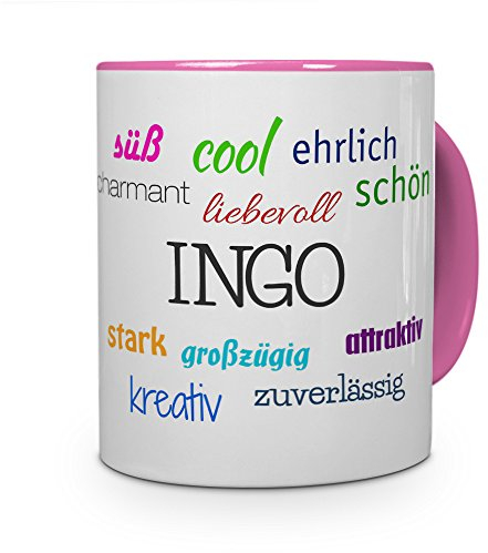 printplanet Tasse mit Namen Ingo - Positive Eigenschaften von Ingo - Namenstasse, Kaffeebecher, Mug, Becher, Kaffeetasse - Farbe Rosa