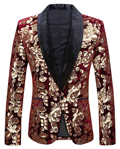 PYJTRL Herrenmode Samt Pailletten Blumenmuster Anzugjacke Blazer (3XL, Weinrot 01)