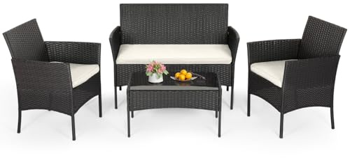 FDW | 4-Piece Patio Furniture Set | Black | Outdoor Wicker Furniture with Coffee Table | Modern Rattan Chairs Conversation Set | Outdoor Seating | Weather-Resistant | for Porch, Garden, Lawn