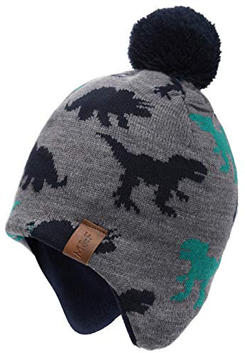 Foruhoo Jungen Strickmütze Beanie Mütze, Wintermütze Baby Kinder Hut mit Fleecefutter(Graue Dinosa,L 55cm)