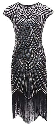 shoperama 20er Jahre Charleston Kleid Pailletten Fransen Flapper Gatsby 20's Fransenkleid Damen-Kostüm, Größe:XXL, Farbe:Schwarz/Silber