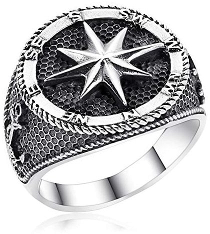 MATERIA Herrenring Kompass Silber 925 breit - Siegelring Herren Ringe 18,1mm Windrose Nautischer Stern antik schwarz SR-15-57