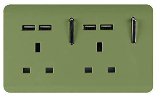 Trendi 2 Gang Artistic Modern Glossy Screwless Raised 13 Amp 240v Short 4 USB Type A Charging Points Double Chrome Switched Electrical Wall Plug Socket Moss Green - ART-SKT213USBMG