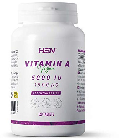 Vitamina A 5000 UI de HSN | 120 Tabletas de 1500 MCG Pura Vitamina A procedente de Acetato de Retinol Esterificado de Máxima Estabilidad | No-GMO, Vegano, Sin Gluten