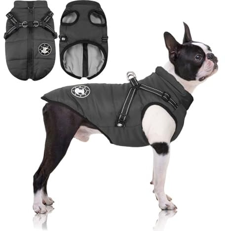 LUOWAN Hundemantel Wasserdicht, Hundemantel Französische Bulldogge, Warme Weste mit Hundegeschirr, Verschiedene Größen,Hundejacke für Kleine Hunde