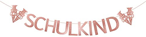 MEJOSER Schulkind Girlande Banner Wimpel Hänge Deko für Schuleinführung Einschulung Schulanfang DekoBanner Schule Junge Mädchen Gold mit Herzen (Glitzer Rosagold)
