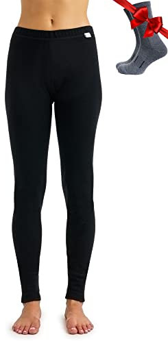 Merinowolle Thermounterwäsche Damen - Merino Unterhose Damen Merino Leggings + Wollsocken(Small, 320 Black)