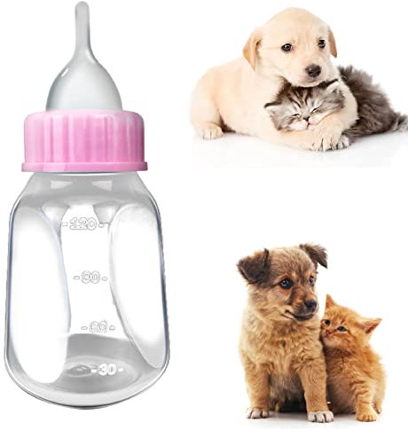 120ml Puppy Nursing Bottle - Home & Travel Pet Feeding Dispenser for Small Dogs, Cats & Kittens (Pink) with Replacement Nipple and Cleaning Brush