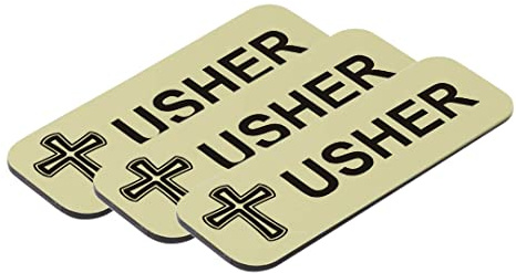 Usher 1 x 3 Name Tag/Badge, Brushed Gold, Cross Design (3 Pack)