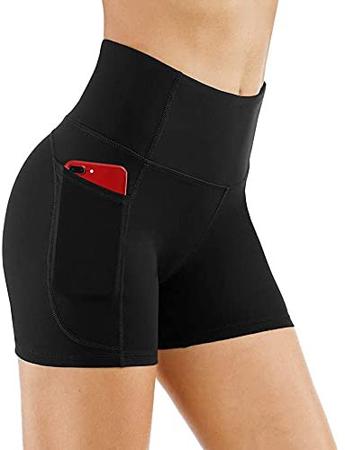 KOEMCY Kurze Sporthose Damen, Hohe Taille Yoga Sport Shorts mit Taschen, Kurze Hose Leggings Radlerhose Laufhose Blickdicht Sommer Hotpants für Gym Fitness Workout Yoga (Schwarz, S)