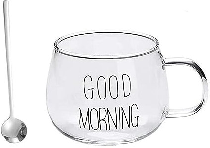 Tasse à Petit-Déjeuner « Good Morning » Avec Cuillère - Multifonction pour Eau, Lait, Yaourt, Café, Jus, Milkshake - Cadeau pour Anniversaire, Noël, Famille, Amis
