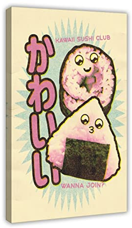 MJKO Lustiges Retro-Kawaii-Sushi-Leinwand-Poster, Wandkunst, Dekoration, Bild für Wohnzimmer, Schlafzimmer, Dekoration, Rahmen-Stil, 60 x 90 cm