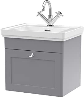 nuie CLC291A Classique Traditional Bathroom Wall Hung 1 Drawer Vanity Basin Unit with 1 Tap Hole Fireclay Basin, 500mm, Satin Grey