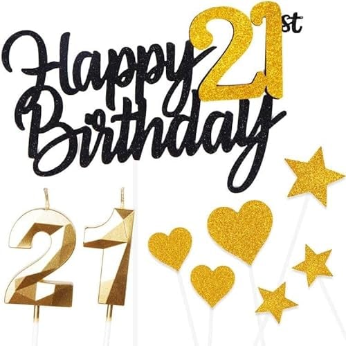 Yiran Personalised Black Gold Happy 21st Birthday Cake Topper with Gold Number 21 Birthday Candles,Heart Sarts Cupcake Toppers Cake Decoration Set for Girl Boy Kid 21st Birthday Anniversary-Pack of 9