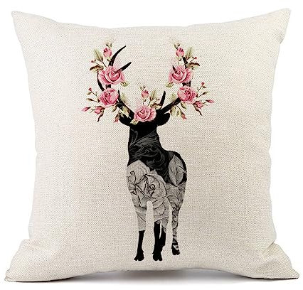 Kissenbezug 40x40 Hirsch, Blume Sofakissen Baumwoll und Leinen Dekokissen Quadrat Kissenbezüge mit Reißverschluss Outdoor Kissen- für Wohnzimmer Auto Schlafzimmer