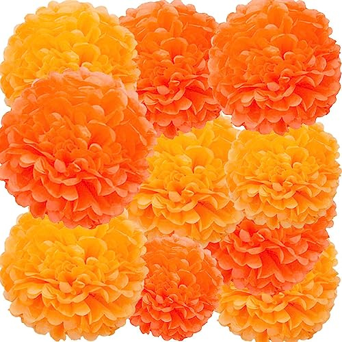 12pcs Orange Paper Pom Poms Decorations for Party Ceiling Wall Hanging Tissue Flowers Pompon Decorations - 12 Inch, 10 Inch