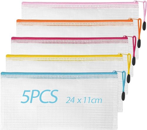 hoinya Clear Pencil Case, Plastic Pencil Pouch Zipper File Bags 5PCS Exam Pencil Case with Strong Zipper for School Supplies, Bills, Cosmetics, Stationery and Travel Accessories, 5 Colors