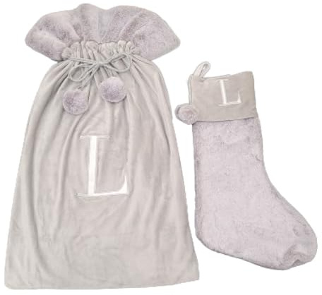 Celebright Matching Christmas Sack and Stocking Set with Embroidered Letter 'L' - Festive Holiday Décor for a Memorable Celebration - Faux Fur - Grey
