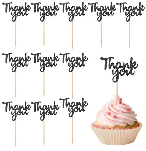 36Pcs Black Glitter Thank You Cupcake Toppers Cake Decorations Thank You Cupcake Picks for Birthday Wedding Decorations Thanksgiving Day Anniversary Party Decoration Supplies