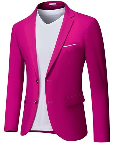 Hihawk Blazer ajustado para hombre, chaqueta casual de dos botones, abrigo deportivo ligero para uso diario., Fucsia, Large