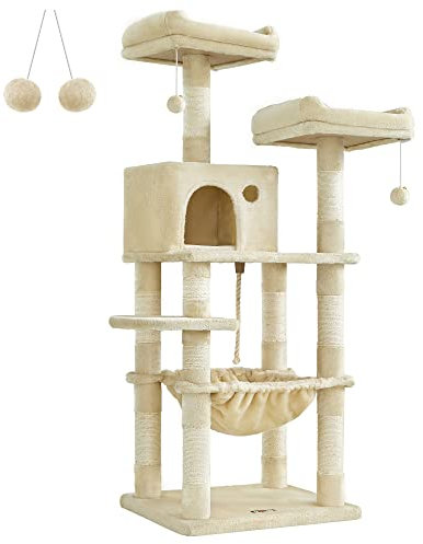 Feandrea Kratzbaum, 56,3 Zoll Katzenturm für Indoor-Katzen, Mehrstufige Katzenhütte mit 11 Kratzstämmen, 2 Sitzstangen, Höhle, Hängematte, Beige UPCT15BE