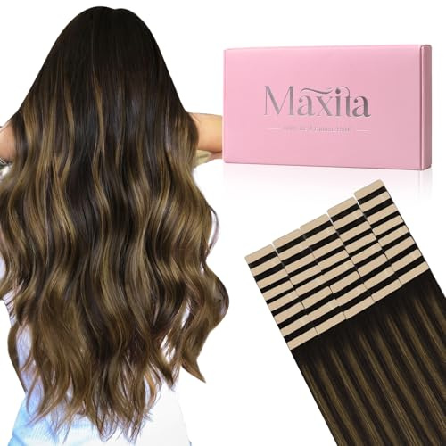 MAXITA Tape-in-Haarverlängerungen, Echthaar, Balayage, Dunkelbraun bis Kastanienbraun, 50 cm, 100 g, 40 Stücke, Echthaar-Extensions, natürliche Haarverlängerungen, Remy-Glatthaar