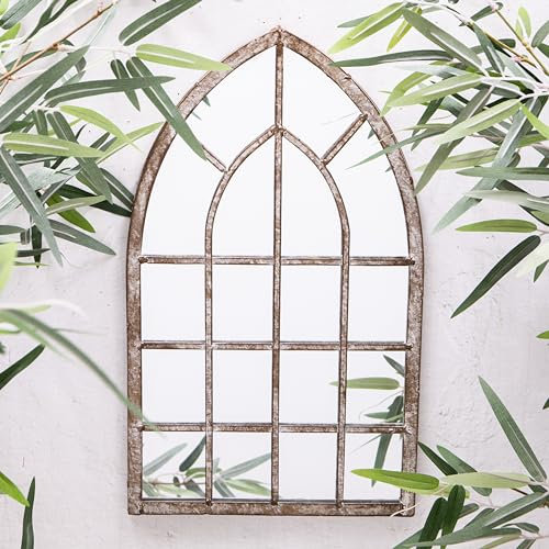Arched Metal Distressed Frame Gothic Style Garden Wall Mirror 42cms