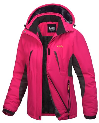 Libin Damen Winterjacke Wasserdicht Outdoor Softshelljacken Skijacke Winddicht Wanderjacke Snowboardjacke Thermojacke Gefüttert Fleecejacke Funktionsjacke Winter Jacket Rosa L
