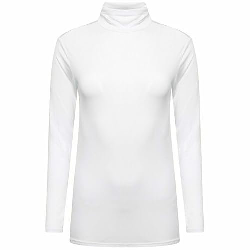 FASHION MY LOVE Ladies Polo Roll Neck Long Sleeve Turtle Neck Plain Jumpers for Women Top Womens Ladies New Plain Turtle Polo Roll Neck Long Sleeve Stretch Jumper T-Shirt Tee Top 8-26 White