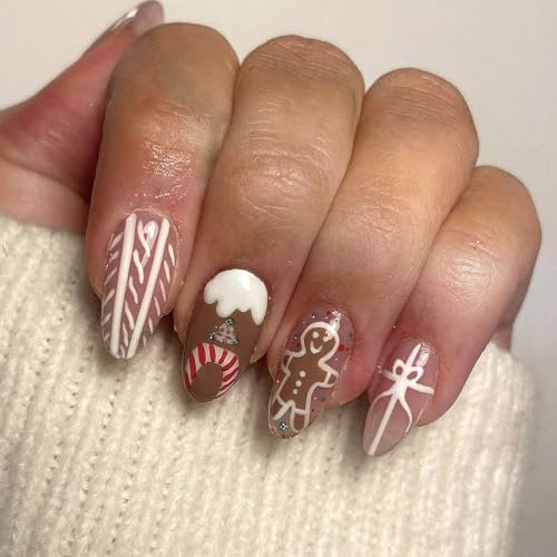 Christmas Nude Pink Press on Nails - 24PCS Long Almond False Nails With Glue - Full Cover Stick on Gingerbread Man Chocolate House Design