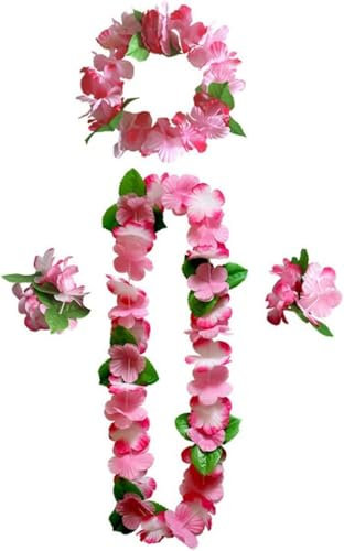 Hawaiiketten Girlanden, Hawaii Kette Set, Hawaiian Blume Halskette Stirnbänder Und Armbänder Hawaiian Beach Theme Party Dekorationen Für Cheerleading Geburtstags Karnevals Strandpartys (Rosa,A)