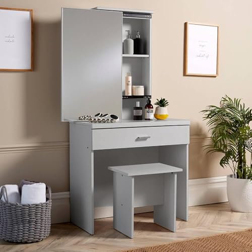 Home Source Dressing Table, Sliding Storage Vanity Mirror and Stool, 1 Drawer, Grey