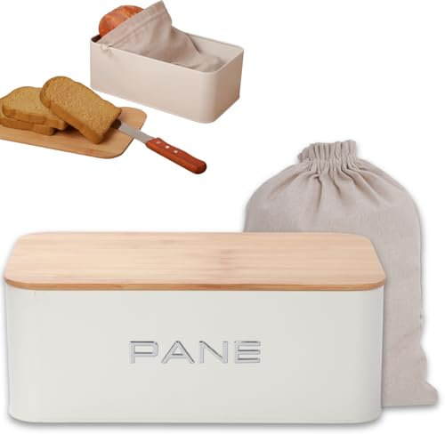 KOOK TIME Panera de Metal Tapa de Bambú Reversible y Bolsa de Algodón | Diseño Moderno con Ventilación | Caja para Pan y Bollería - 34x19x12,5 cm - Blanco