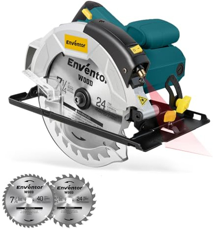Enventor 7-1/4-Inch Circular Saw, 10A Pure Copper Motor Electric Circular Saws with Laser Guide, 2 Blade Saws (40T/24T), Adjust Cutting Angle from 0° to 90°, Single Handed Bevel, 5800RPM, Blue