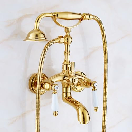 Vintage Bath Taps Mixer Wall Mounted, Bath Mixer Tap Brass 2 Hole with Shower Head Double Handle Gold