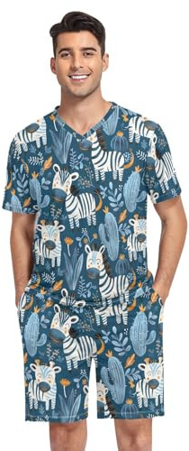 GAIREG Men's Pajama Sets Short Sleeve Cute Cartoon Zebras Cactus Blue Soft Loungewear Summer Sleepwear Shorts Set, Small, Cute Cartoon Zebras Cactus Blue, L