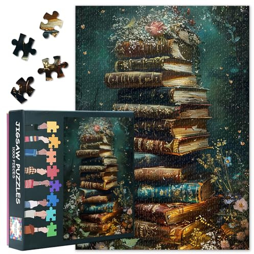 Vintage Bücher Puzzle Erwachsene 1000 Stück, Wald und Blühende Blumen | Ideale Geschenk für Rätselfreunde, Lernspiele und Wohnkultur, Lebendige Farben, Wanddekoration für zu Hause, 70 x 50 cm