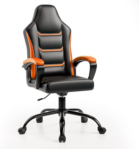 Silla Gaming Ergonómica, Silla de Ordenador Ajustable en Altura Silla PC de Cuero de PU con Ruedas para Adultos y Adolescentes (Naranja)
