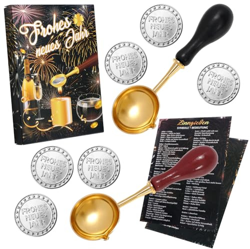 DPKOW Zinngießen Silvester Bleigießen Set, Wachsgießen Silvester 2027 Partyspiel Blei Gießen Set, 12 Frohes Neues Jahr Zinnfiguren und 2 Löffeln Anleitung Orakelheft, Neujahrsgeschenke Wahrsagerei