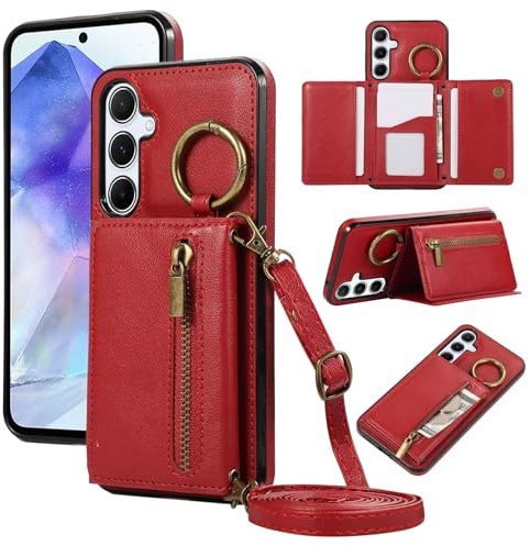 ESONG Cover per Samsung Galaxy A26 5G/A17 Portafoglio Case con Cordino Cinturino e Ring,Custodia A Libro In Pelle Flip Cerniera,Caso per Donna Con Porta Carte,Magnetica,Supporto Rosso